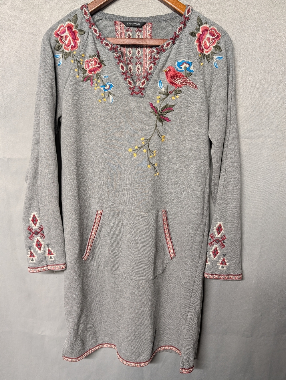DRIFTWOOD Gray Sweatshirt dress with Yellow & Pink Floral Embroidery Size Medium